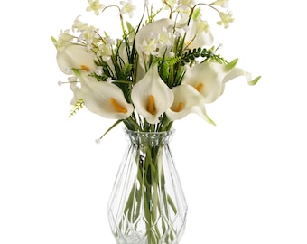 Arreglo de lirios de cala con tacto real: centro de mesa floral artificial de 33 cm en jarrón de vidrio