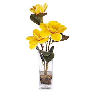 May include: A floral arrangement featuring three large, vibrant yellow magnolia blossoms. The flowers have a layered petal design and are set against dark green leaves. The arrangement is in a clear, rectangular glass vase filled with water and small pebbles.