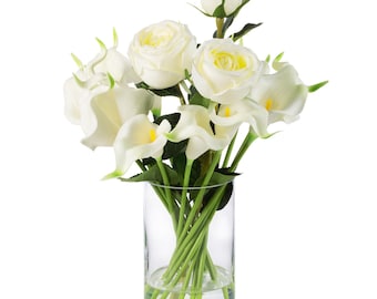 14" Real Touch Calla Lily and Rose Flower Arrangement: Clear Vase Faux Water Centerpiece