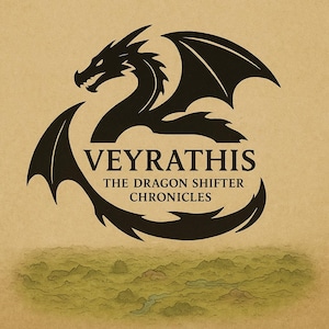 May include: A black dragon silhouette with outstretched wings and the text "VEYRATHIS THE DRAGON SHIFTER CHRONICLES" on a tan background. A stylized map is at the bottom of the image.