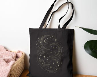 Celestial Moon and Stars Cotton Canvas Tote Bag | Night Sky Celestial Design