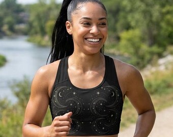 Celestial Moon and Stars Sports Bra | Black Astral Pattern | Workout Gear