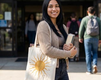 Natural Canvas Tote Bag | Boho Sun Illustration, Retro Beach Market Bag