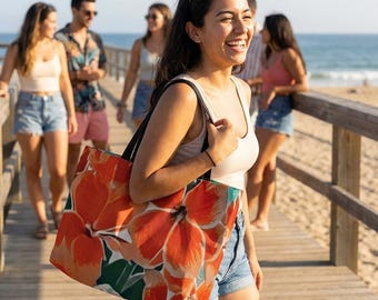 Orange Hibiscus Floral Weekender | Tropical Beach Bag | Tote Bag | Carryon