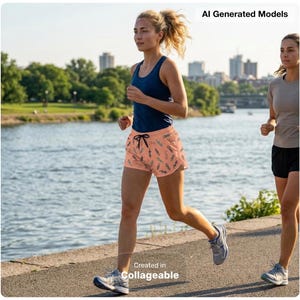 May include: A dark blue tank top paired with peach-colored athletic shorts featuring a repeating pattern of small dark icons and a black drawstring waist. The shorts have a curved hemline and are worn with grey athletic sneakers while running.