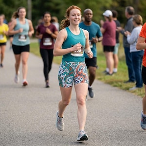 May include: A group of runners participating in a race on a paved path. A woman in a teal tank top and patterned shorts is in the foreground. Other runners are visible in the background, along with spectators. The woman is wearing a race bib.
