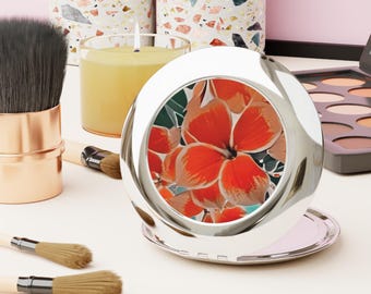 Orange Hibiscus Floral Compact Travel Mirror | Pocket Mirror | Gift Set
