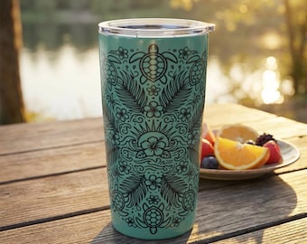 Gobelet mandala tortue de mer 20 oz | Motif plage floral bleu sarcelle