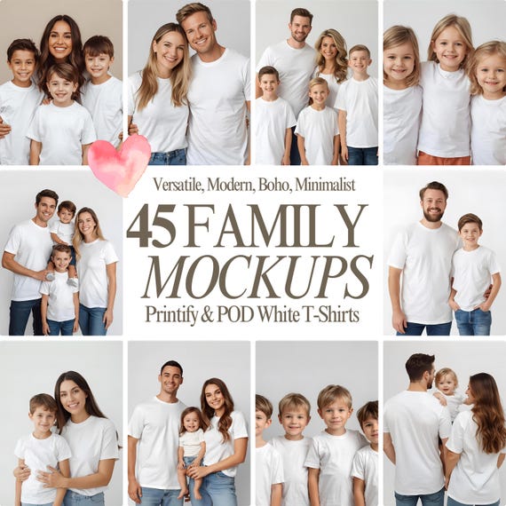 Family T-Shirt Mockup Bundle: Boho Minimalist White Shirts (PNG)