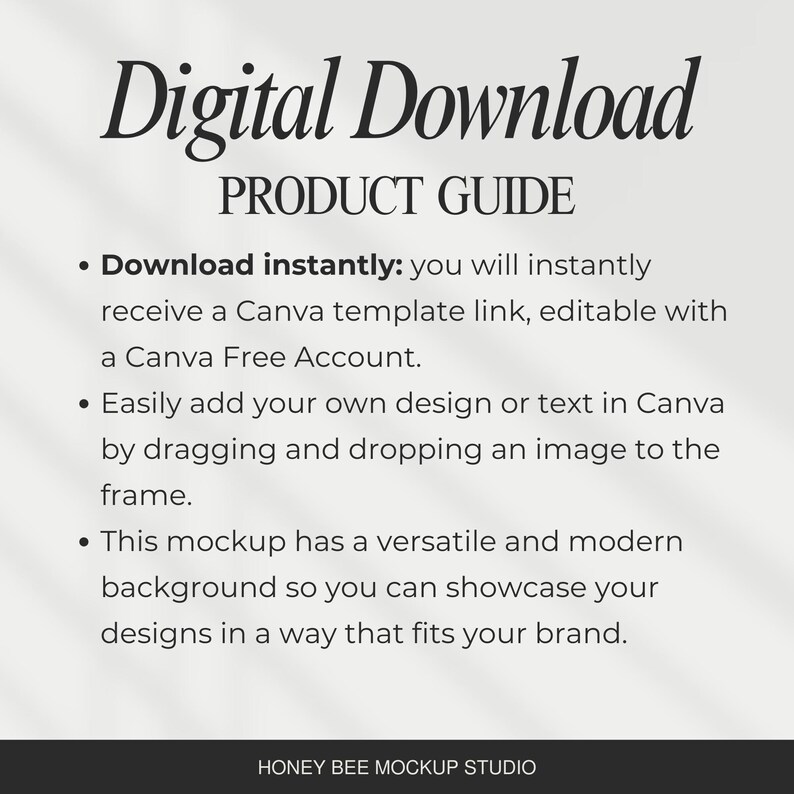 May include: A digital product guide with the text "Digital Download" and "Product Guide." The guide explains how to instantly download a Canva template, edit it, and add designs. The mockup has a modern background. The Honey Bee Mockup Studio logo is at the bottom.
