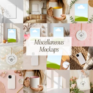 Miscellaneous Canva mockup bundle featuring wall art prints, framed posters, canvas art, mugs, tumblers, phone cases, tote bags, candles, ornaments, stickers, notebooks, greeting cards, throw pillows, blankets, desk mats and more. Modern neutral and soft pink lifestyle mockups designed for Etsy print on demand sellers, digital download creators and Shopify product listings, printify product listings, and print on demand product mockups.