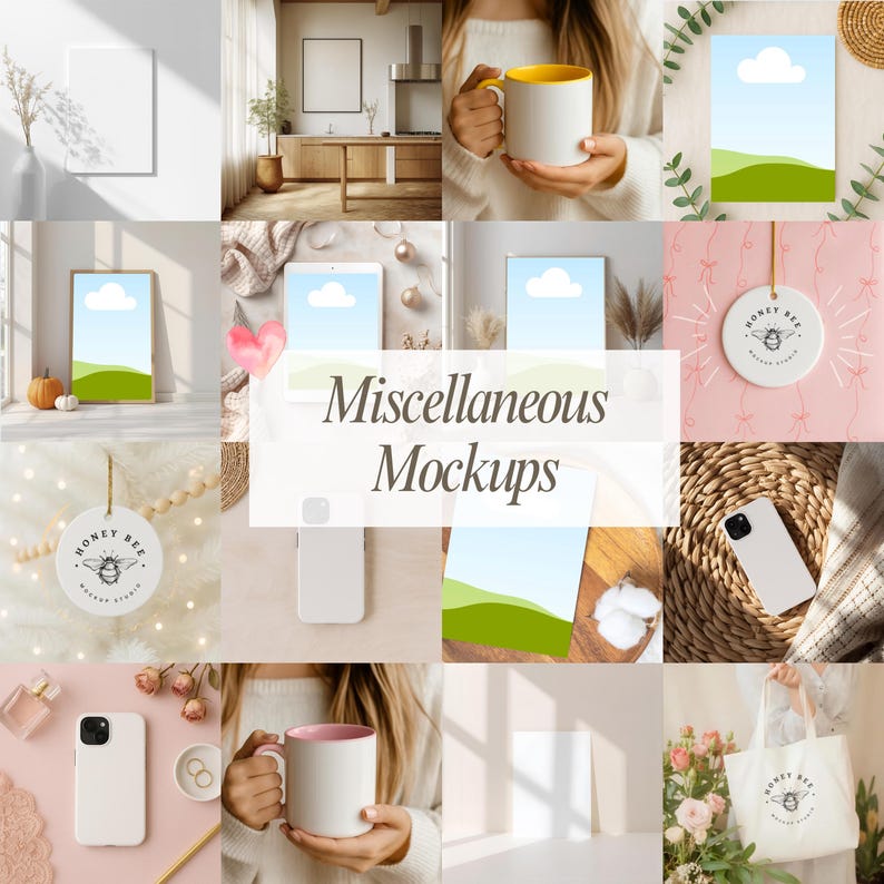 Miscellaneous Canva mockup bundle featuring wall art prints, framed posters, canvas art, mugs, tumblers, phone cases, tote bags, candles, ornaments, stickers, notebooks, greeting cards, throw pillows, blankets, desk mats and more. Modern neutral and soft pink lifestyle mockups designed for Etsy print on demand sellers, digital download creators and Shopify product listings, printify product listings, and print on demand product mockups.
