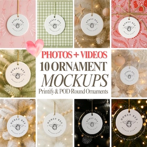 May include: A collection of ten round ornament mockups with the text "HONEY BEE" and a bee graphic. The ornaments are displayed against various backgrounds, including pink, green, and festive holiday settings. The text "PHOTOS + VIDEOS" and "10 ORNAMENT MOCKUPS" are also visible.