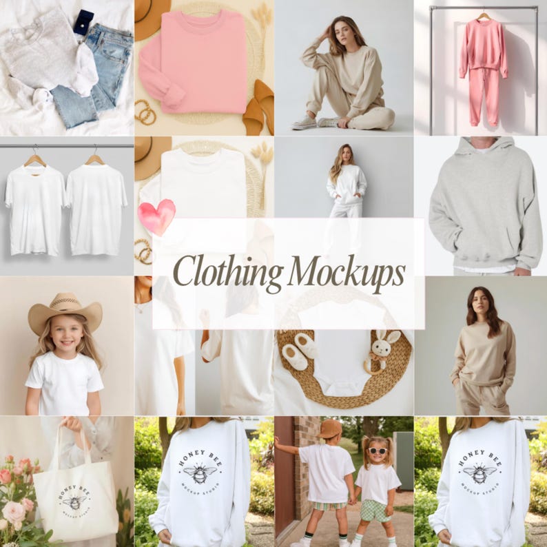 Canva clothing mockup bundle featuring Comfort Colors 1717, Bella Canvas 3001, Next Level 3600, Gildan Heavy Cotton and hoodie mockups including t-shirts, sweatshirts, crewnecks, oversized hoodies, kids tees, toddler shirts, baby onesies and tote bags. Modern minimalist neutral and soft pink lifestyle apparel templates designed for Etsy print on demand sellers and digital download clothing brands.