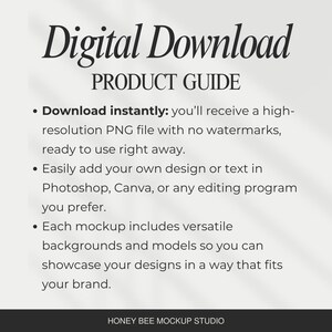 Puede incluir: Una gu&iacute;a de producto titulada "Descarga digital" con vi&ntilde;etas que describen un archivo PNG de alta resoluci&oacute;n, f&aacute;cil integraci&oacute;n de dise&ntilde;o en Photoshop o Canva y fondos vers&aacute;tiles. El logotipo de Honey Bee Mockup Studio est&aacute; en la parte inferior.