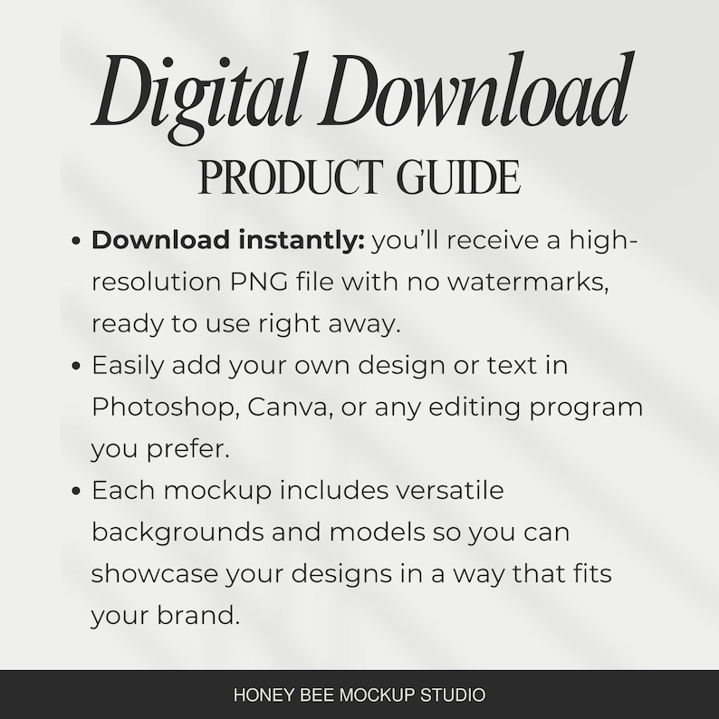 Puede incluir: Una gu&iacute;a de producto titulada "Descarga digital" con vi&ntilde;etas que describen un archivo PNG de alta resoluci&oacute;n, f&aacute;cil integraci&oacute;n de dise&ntilde;o en Photoshop o Canva y fondos vers&aacute;tiles. El logotipo de Honey Bee Mockup Studio est&aacute; en la parte inferior.