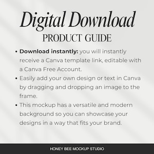 May include: A product guide labelled "Digital Download" with details about a Canva template. It highlights instant downloads, Canva links, and design integration. The background is described as versatile and modern.