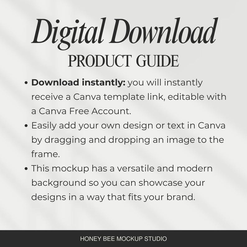 May include: A product guide labelled "Digital Download" with details about a Canva template. It highlights instant downloads, Canva links, and design integration. The background is described as versatile and modern.