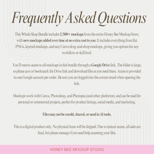 Frequently asked questions graphic for Whole Shop Canva mockup bundle including 2500+ mockups with new updates added over time. Digital download delivered via Google Drive link, compatible with Canva, Photoshop and Photopea for personal and commercial use. Instant access POD mockups for Etsy sellers. No physical product shipped and files may not be resold or shared.