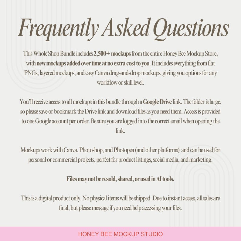 Frequently asked questions graphic for Whole Shop Canva mockup bundle including 2500+ mockups with new updates added over time. Digital download delivered via Google Drive link, compatible with Canva, Photoshop and Photopea for personal and commercial use. Instant access POD mockups for Etsy sellers. No physical product shipped and files may not be resold or shared.