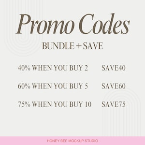 Print on demand mockup bundle promo codes graphic showing bundle and save discounts including 40 percent off when you buy 2, 60 percent off when you buy 5 and 75 percent off when you buy 10. Canva mockup bundle sale for Etsy POD sellers, digital download creators and apparel mockup templates from Honey Bee Mockup Studio. Bundle and save.
