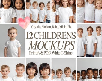 Children's T-Shirt Mockup Bundle: Boho Minimalist White Shirt PNG for POD