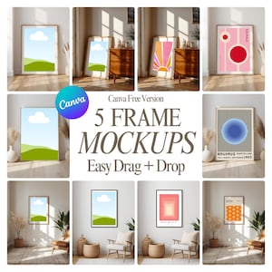 Op de afbeelding: Een verzameling van vijf ingelijste kunstmockups. De kunstwerken omvatten een landschap met een blauwe lucht en groene heuvels, een roze en oranje zonsopgang, een roze Bauhaus-ontwerp, een blauw concentrisch cirkelontwerp en een oranje geometrisch patroon. Tekst luidt "Canva Free Version, 5 Frame Mockups, Easy Drag + Drop."