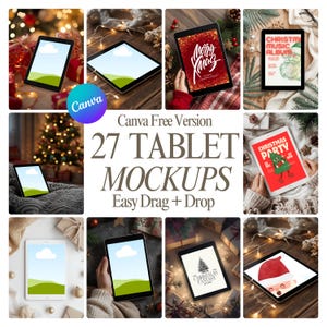 Può includere: Un collage di mockup di tablet con vari design a tema natalizio. I tablet mostrano grafiche festive, tra cui un albero di Natale, Babbo Natale e il testo "Merry Xmas". L'immagine include anche il testo "27 TABLET MOCKUPS Easy Drag + Drop".