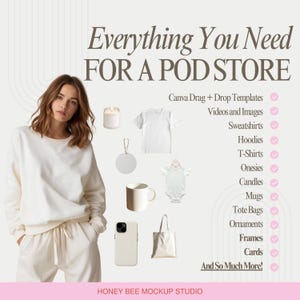 Everything you need for a POD store Canva mockup bundle featuring drag and drop templates for t-shirts, sweatshirts, hoodies, onesies, mugs, tote bags, ornaments, frames, cards and wall art, modern boho minimalist lifestyle mockups for Etsy print on demand sellers.