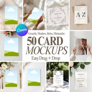 May include: A collection of card mockups with various designs, including wedding invitations and blank cards with a sky and landscape design. The text reads "Versatile, Modern, Boho, Minimalist" and "50 CARD MOCKUPS Easy Drag + Drop."
