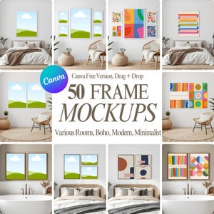 Pode incluir: Uma coleção de mockups de arte emoldurados em vários quartos. A imagem mostra 50 mockups de molduras com o texto "50 FRAME MOCKUPS" e "Various Rooms, Boho, Modern, Minimalist". O logotipo da Canva também é visível.
