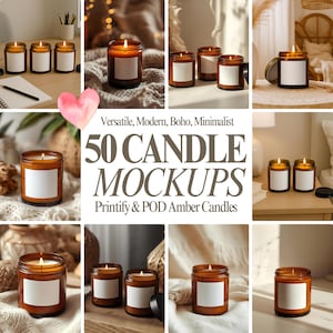 Puede incluir: Un collage de maquetas de velas de color ámbar con etiquetas blancas. Se muestra el texto "Versatile, Modern, Boho, Minimalist" y "50 CANDLE MOCKUPS Printify & POD Amber Candles". Las velas están en frascos de vidrio con mechas encendidas.