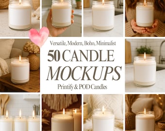 Può includere: Diverse candele accese in barattoli di vetro trasparente con etichette bianche. L'immagine include il testo "Versatile, Modern, Boho, Minimalist 50 CANDLE MOCKUPS Printify & POD Candles."
