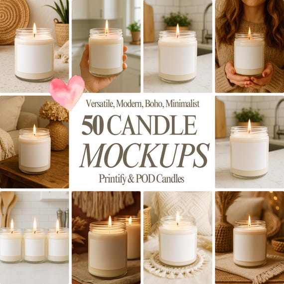 50 Versatile Candle Mockup PNGs – Boho, Minimalist, Modern Printify & POD Product Photography Bundle