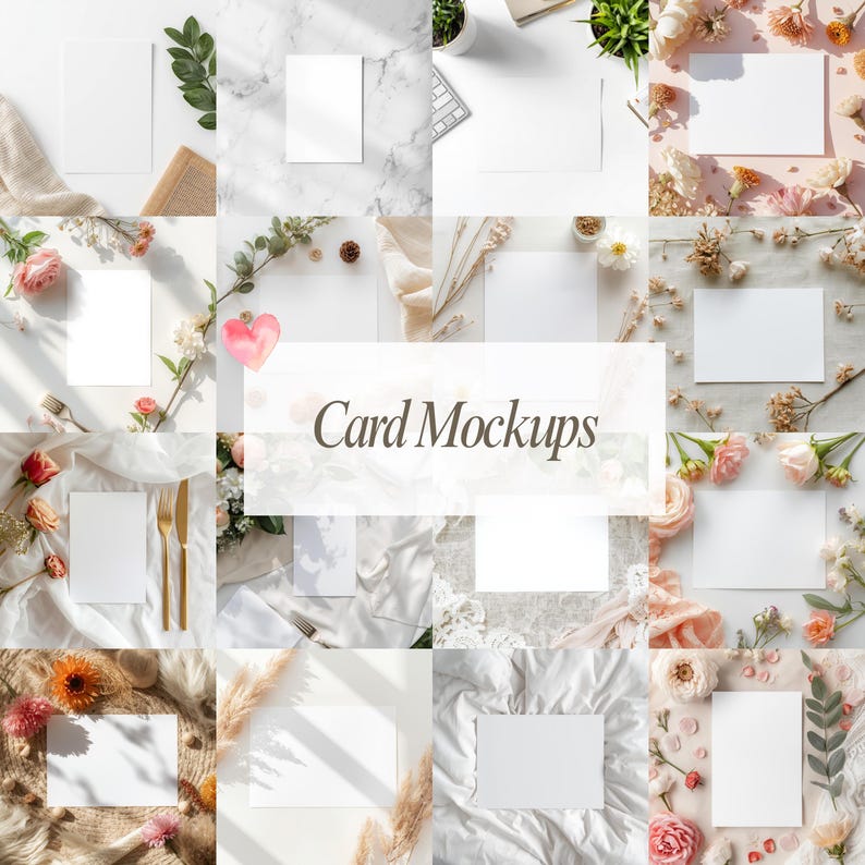 Canva card mockup bundle featuring feminine modern boho styled greeting card templates with floral, marble, neutral, and soft pink backgrounds, drag and drop mockups for Etsy digital download sellers, printable card designers, and print on demand shops.