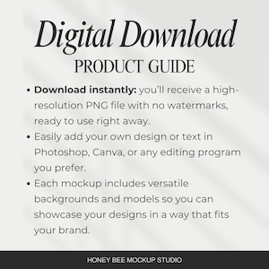 Puede incluir: Una gu&iacute;a de productos titulada "Descarga digital" con vi&ntilde;etas que describen un archivo PNG de alta resoluci&oacute;n, f&aacute;cil integraci&oacute;n de dise&ntilde;o en Photoshop o Canva y fondos vers&aacute;tiles. El logotipo de Honey Bee Mockup Studio est&aacute; en la parte inferior.