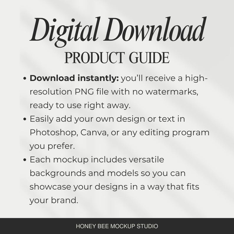 Puede incluir: Una gu&iacute;a de productos titulada "Descarga digital" con vi&ntilde;etas que describen un archivo PNG de alta resoluci&oacute;n, f&aacute;cil integraci&oacute;n de dise&ntilde;o en Photoshop o Canva y fondos vers&aacute;tiles. El logotipo de Honey Bee Mockup Studio est&aacute; en la parte inferior.