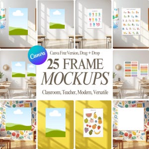 May include: A collection of 25 frame mockups featuring various classroom-themed wall art displays. The images show posters with numbers, alphabet letters, fruit illustrations, and landscape scenes with clouds and green hills on white or yellow walls.
