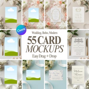 Pode incluir: Uma coleção de 55 mockups de cartões com tema de casamento, boho e moderno. A imagem inclui vários designs de cartões, arranjos florais e o texto "Wedding, Boho, Modern 55 CARD MOCKUPS Easy Drag + Drop".