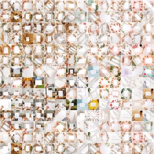 May include: A grid of styled stock photos featuring blank white cards and stationery. The images showcase various floral arrangements, natural elements, and props, creating a soft, neutral aesthetic. Perfect for showcasing designs or artwork.