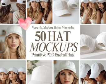 Paquete de maquetas de gorras blancas: Gorra de béisbol Boho Printify POD (50 archivos PNG planos)