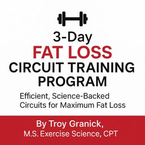 Peut inclure: Fond blanc avec une icône d'haltère noire en haut. Le texte rouge en gras indique "FAT LOSS" et "CIRCUIT TRAINING PROGRAM". Le texte ci-dessous indique "Circuits efficaces et basés sur la science pour une perte de graisse maximale". Le nom et les titres de l'auteur sont également inclus.