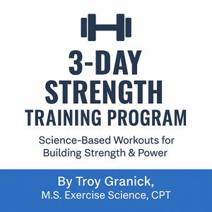 May include: A white background with a navy blue dumbbell icon and text that reads "3-DAY STRENGTH TRAINING PROGRAM." Below, it says "Science-Based Workouts for Building Strength & Power." The author is Troy Granick, M.S. Exercise Science, CPT.