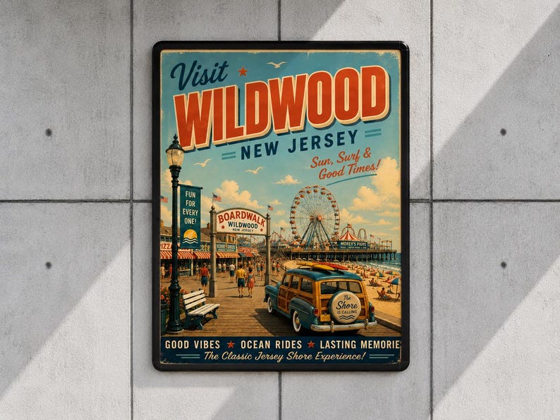 Wildwood New Jersey Retro Travel Poster | Vintage Jersey Shore Wall Art | Boardwalk Beach Print | Coastal Decor | Wildwood NJ Poster image 2