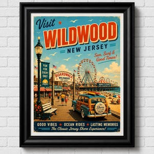 Wildwood New Jersey Retro Travel Poster | Vintage Jersey Shore Wall Art | Boardwalk Beach Print | Coastal Decor | Wildwood NJ Poster image 1