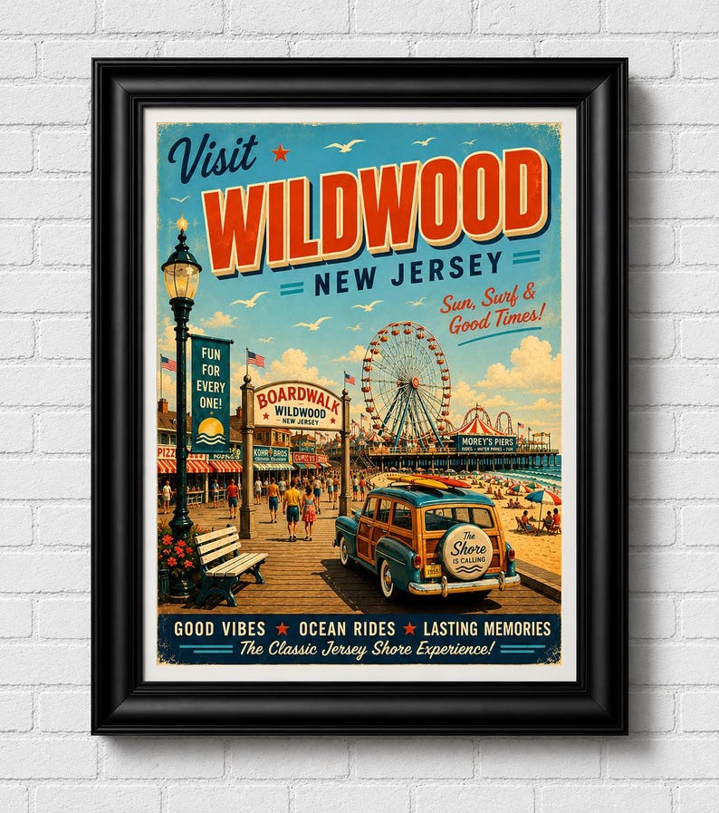 Wildwood New Jersey Retro Travel Poster | Vintage Jersey Shore Wall Art | Boardwalk Beach Print | Coastal Decor | Wildwood NJ Poster image 1