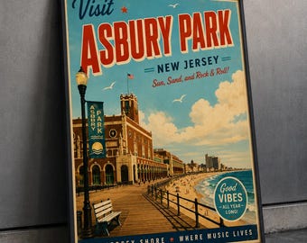 Visit Asbury Park Vintage Travel Poster Vertical Poster | New Jersey Boardwalk Art
