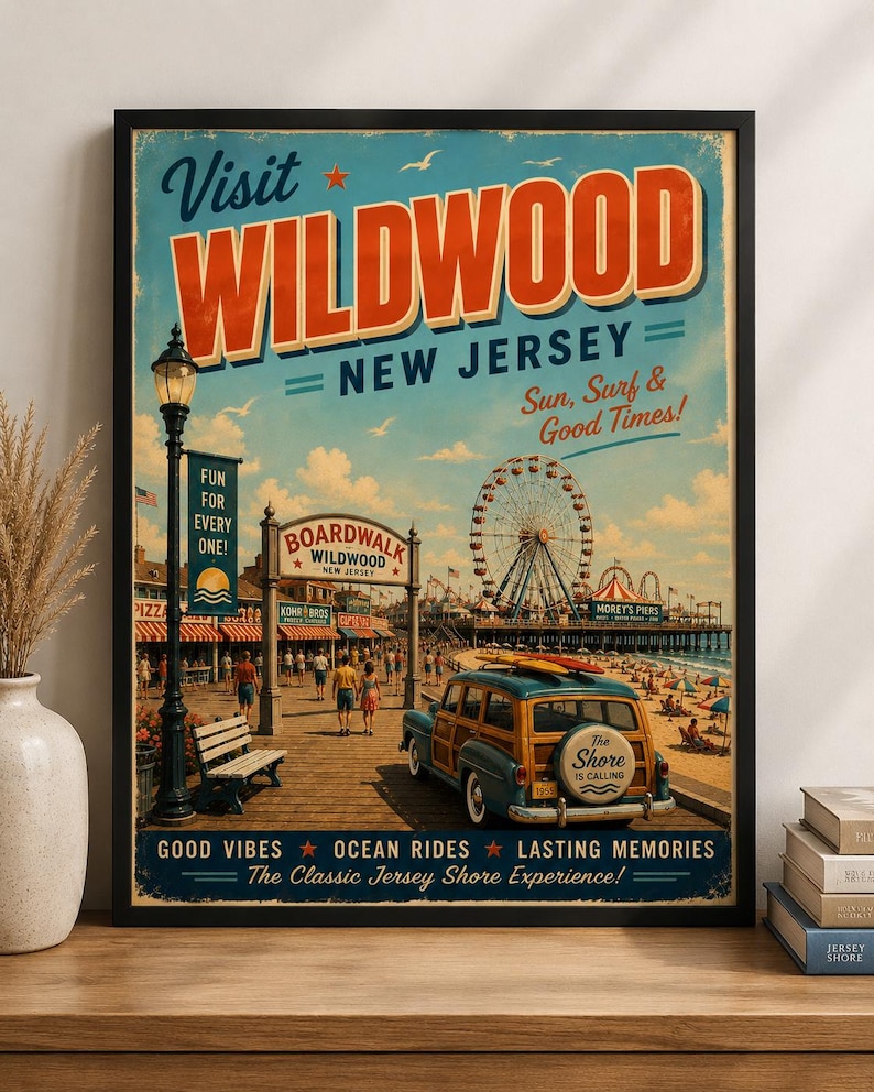 Wildwood New Jersey Retro Travel Poster | Vintage Jersey Shore Wall Art | Boardwalk Beach Print | Coastal Decor | Wildwood NJ Poster image 3