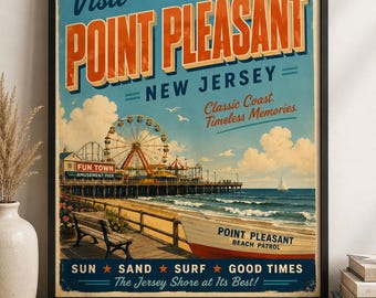 Point Pleasant New Jersey Retro Travel Poster | Vintage Jersey Shore Wall Art | Coastal Beach Print | Boardwalk Decor | NJ Vacation Poster