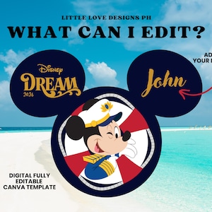 Puede incluir: Plantilla digital de Canva con Mickey Mouse en uniforme de capitán, sobre un fondo de playa. El diseño incluye el texto "Disney Dream 2026" y solicita agregar un nombre. La plantilla es totalmente editable.